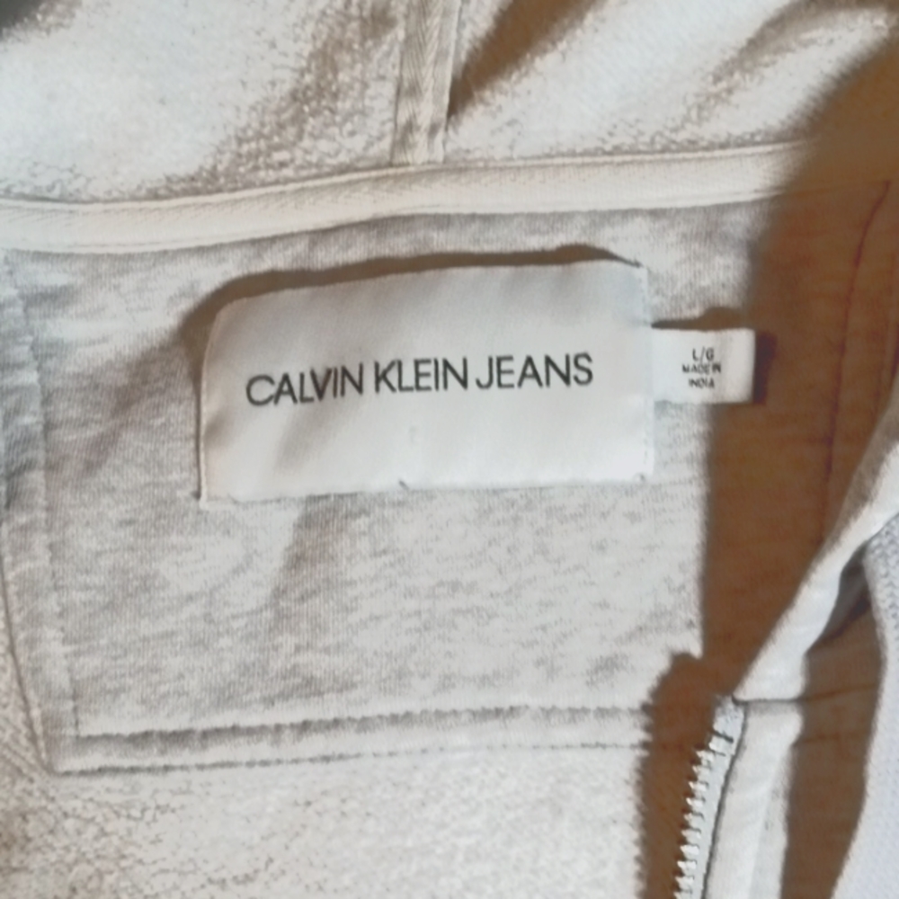 Large, Grey, Calvin Klein, zip up hoodie.